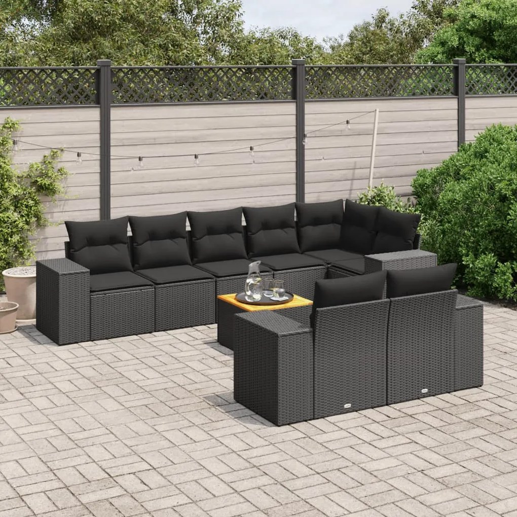 Set divani da giardino 9 pz con cuscini nero in polyrattan