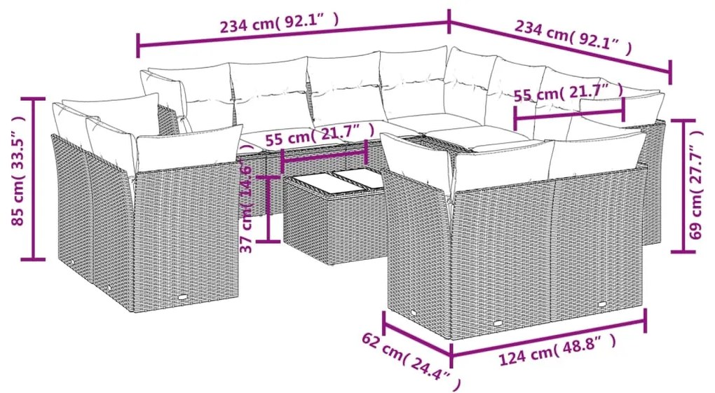 Set divani da giardino 12 pz con cuscini beige in polyrattan