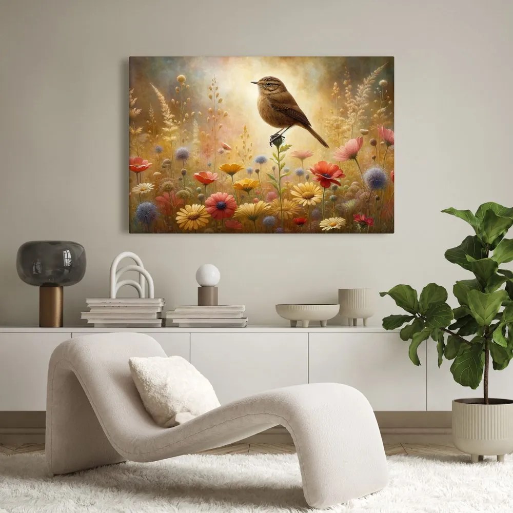 Quadro su tela – Prato estivo con uccellino