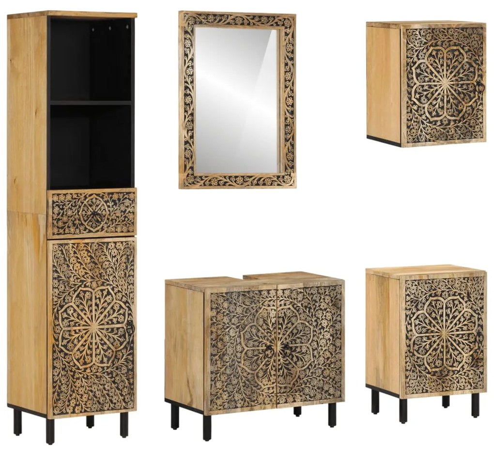 Set Mobili Da Bagno 5 Pz İn Legno Massello Di Mango /