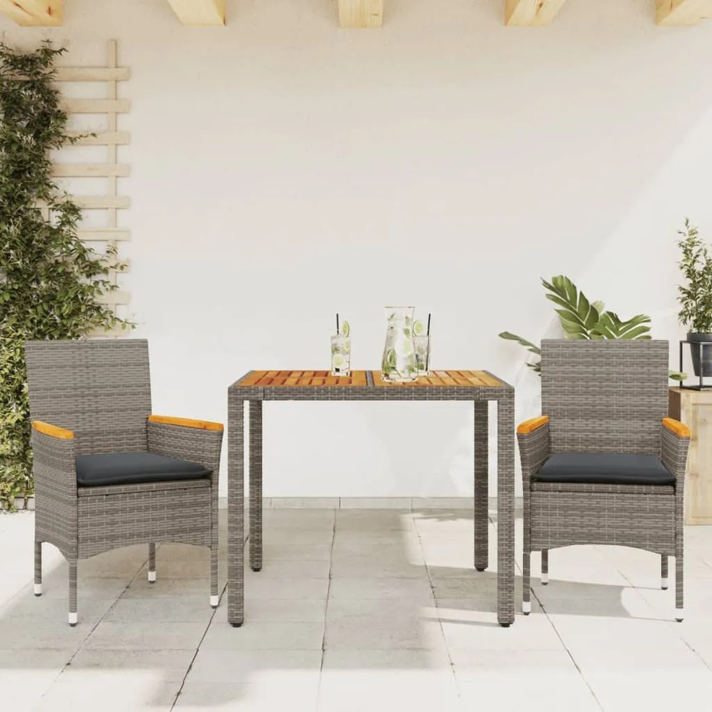 Set Pranzo Da Giardino 3pz Con Cuscini Polyrattan Acacia Grigio /