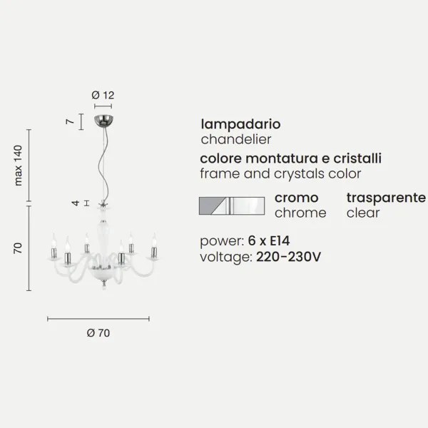 Lampada a sospensione PAGANINI a 6 LUCI in vetro lavorato a mano D70 cm CROMO