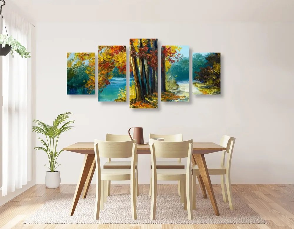 Quadri 5 pezzi – Alberi dipinti nei colori autunnali