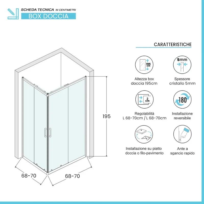 Box doccia angolare 70x70 cm doppio scorrevole vetro trasparente   Tay