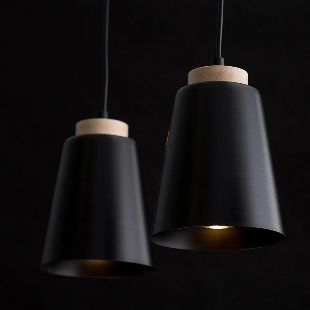 Lampadario 2 Luci Bolero Con Paralumi A Cono In Acciaio Nero E Legno Naturale