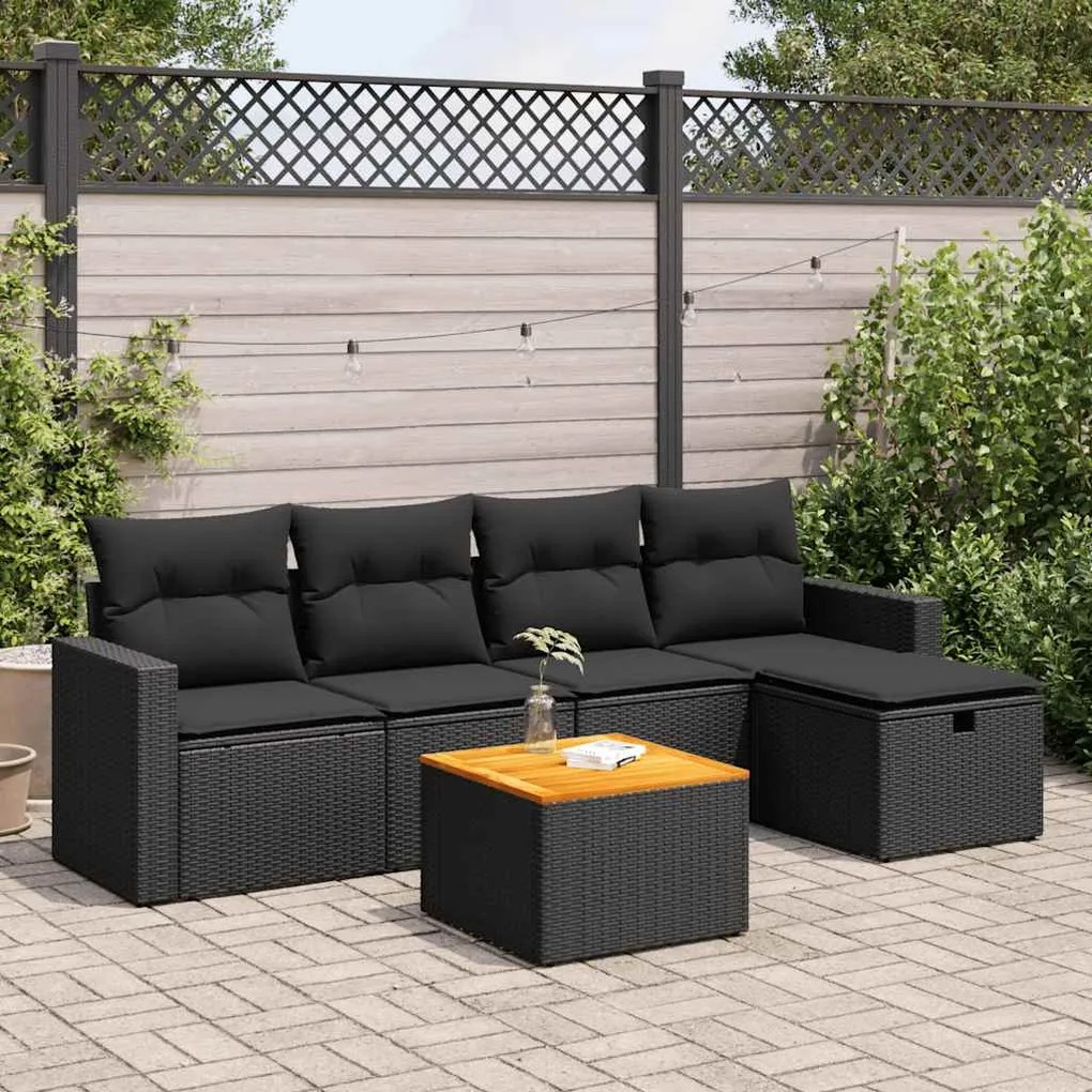 Set divano da giardino 6 pz con cuscini nero in polyrattan