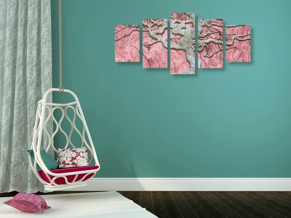 Quadri 5 pezzi – Albero astratto su legno con contrasto rosa