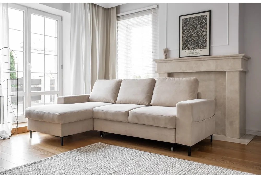 Divano letto in velluto a coste beige (angolo sinistro) Lofty Lilly - Miuform