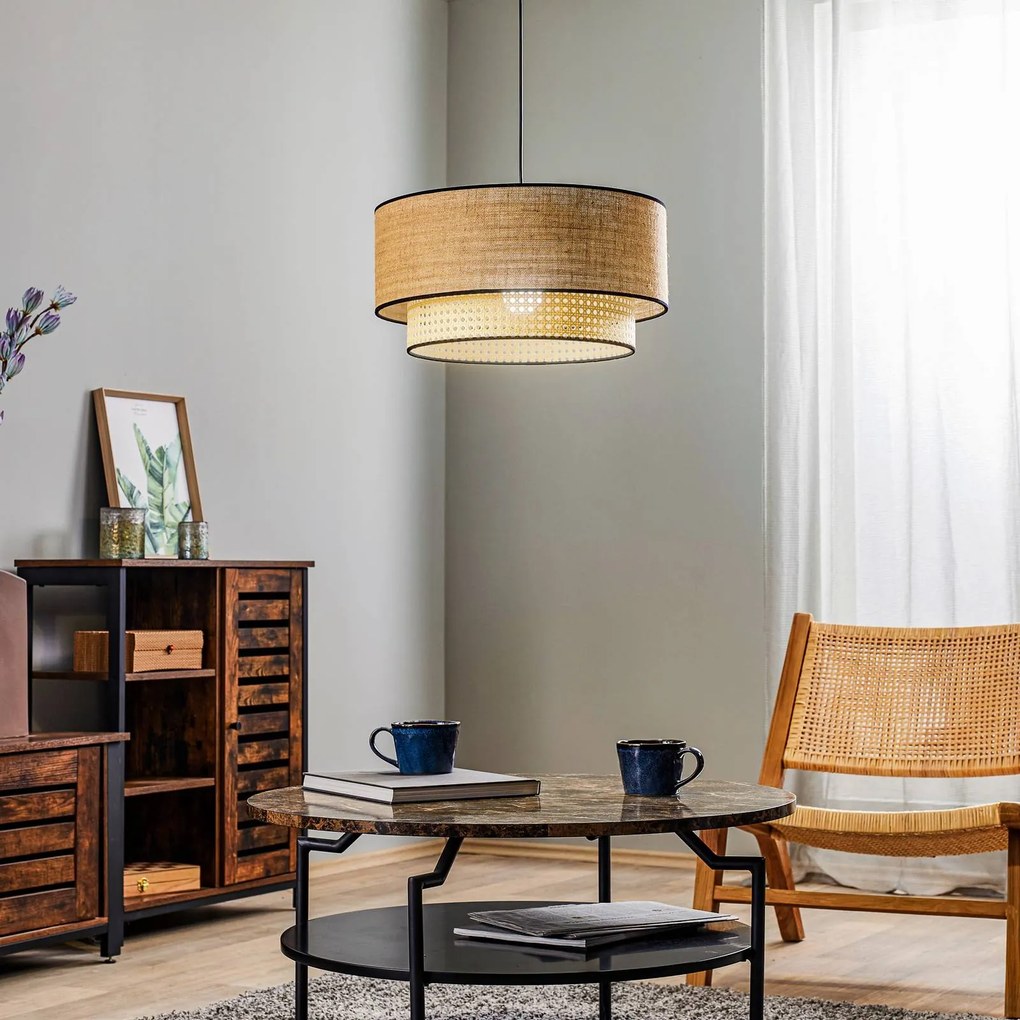 Lampada a sospensione Boho Duolla, dimmerabile, Legno chiaro, Soggiorno / Sala da pranzo, Tessuto / Stoffa / Seta, Campagna / Rustiche, Lampada a sospensione