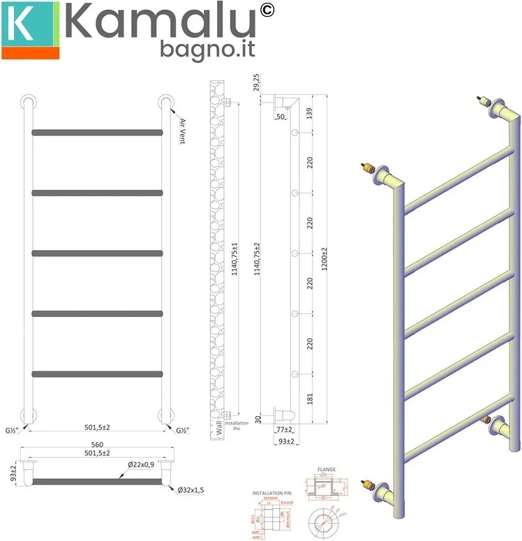 Termoarredo scalda salviette 1200x560mm colore nero opaco KAM-D6012N - KAMALU