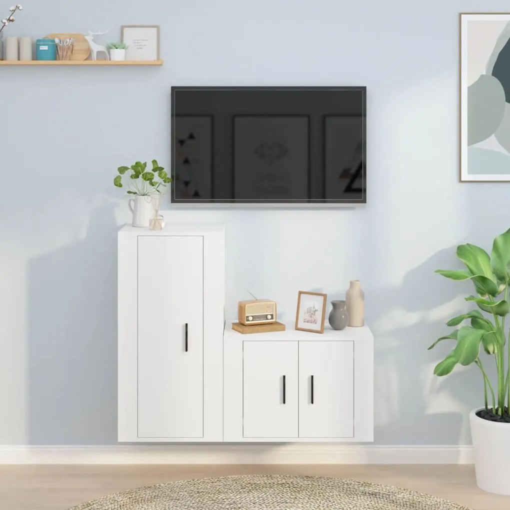 Set Di Mobili Porta Tv 2 Pz Bianco İn Legno Multistrato /