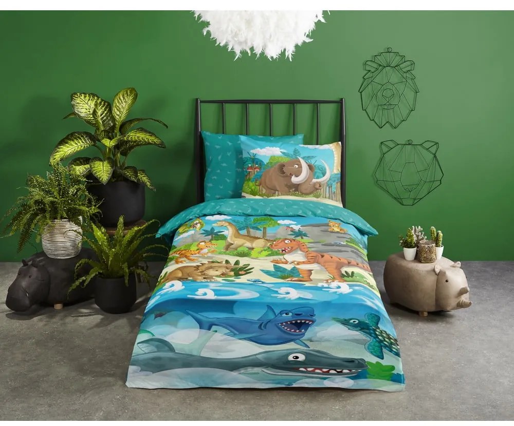 Set copripiumino e federa da bambini blu in cotone per letto singolo ed esteso 140x220 cm Prehistoric – Good Morning