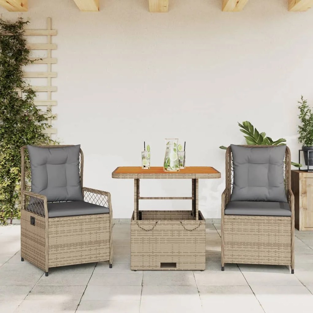 Set Da Pranzo Da Giardino 3 Pz Con Cuscini Beige İn Polyrattan /