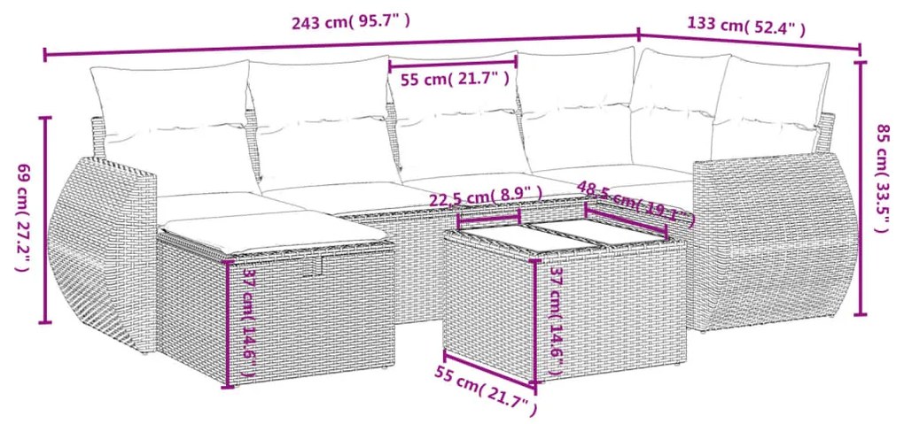 Set divani da giardino con cuscini 7pz nero polyrattan