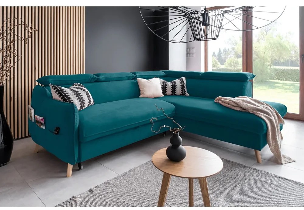 Divano letto angolare in velluto turchese (angolo destro) Sweet Harmony - Miuform