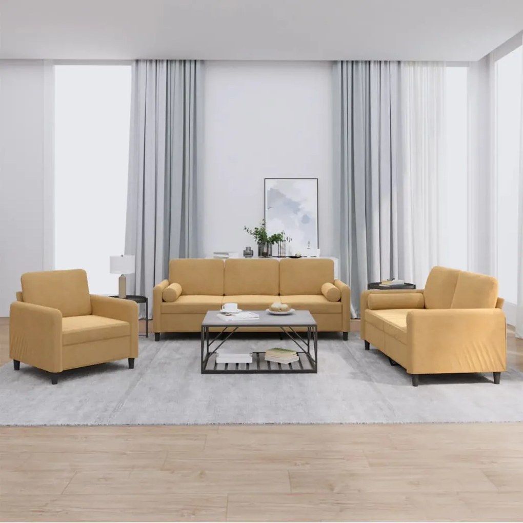 Set Di Divani 3 Pz Con Cuscini Marrone İn Velluto /