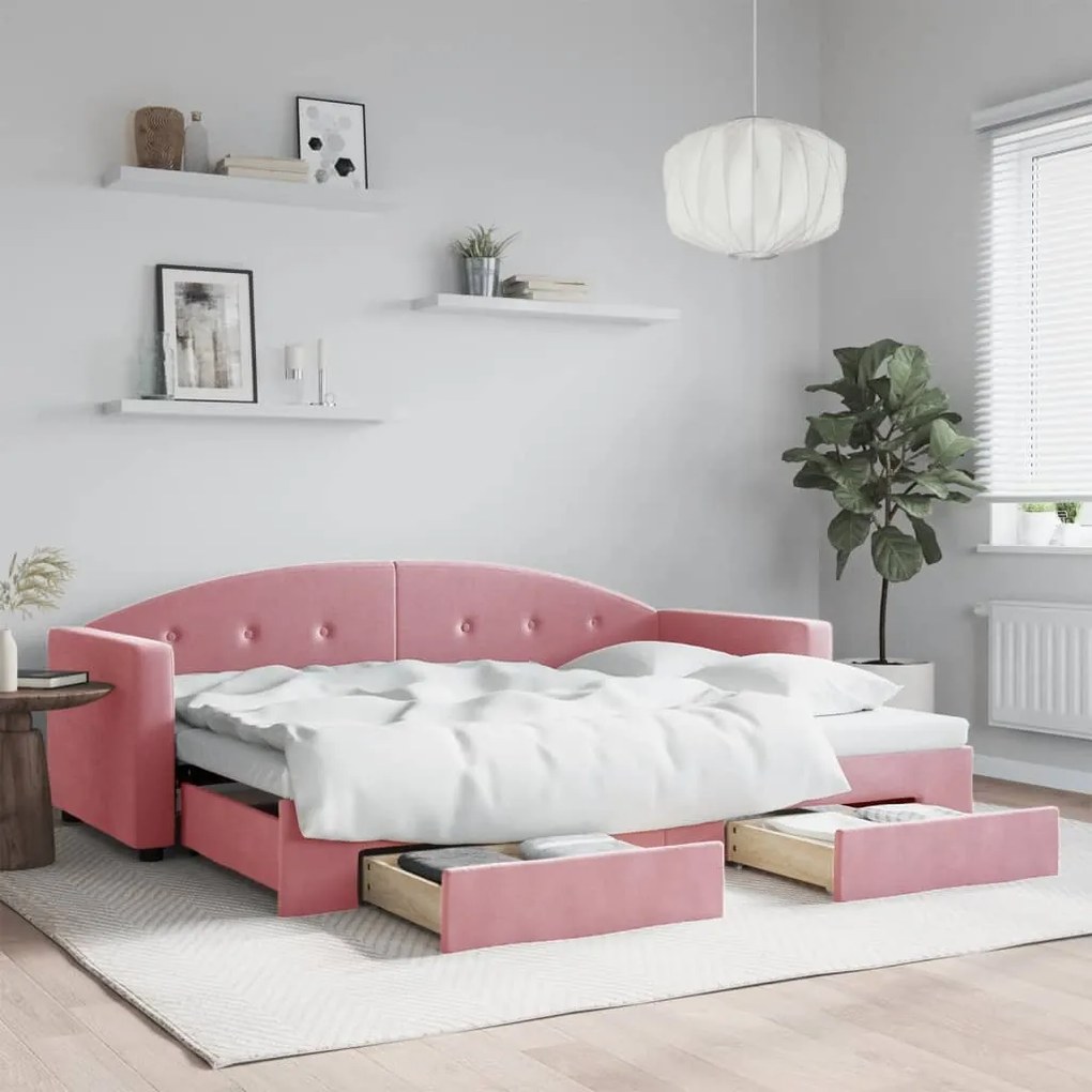Divano Letto Estraibile Con Cassetti Rosa 80x200 Cm Velluto /
