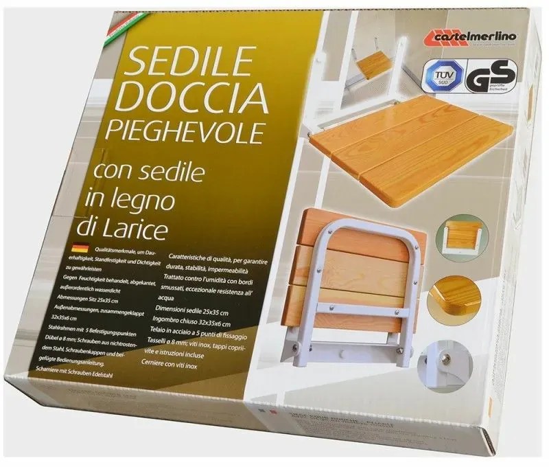 Sedile doccia a muro con seduta pieghevole 35x32 in legno di larice