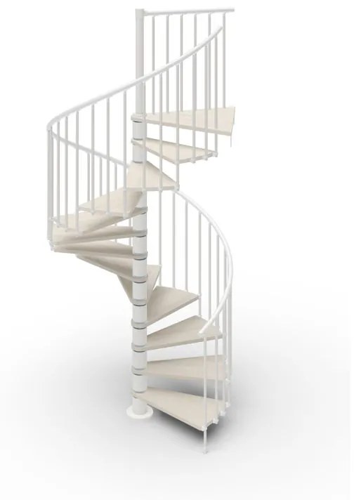 Scala a chiocciola a base tonda Luna IRIS, larghezza 160 cm, struttura in metallo bianco, gradini in legno bianco