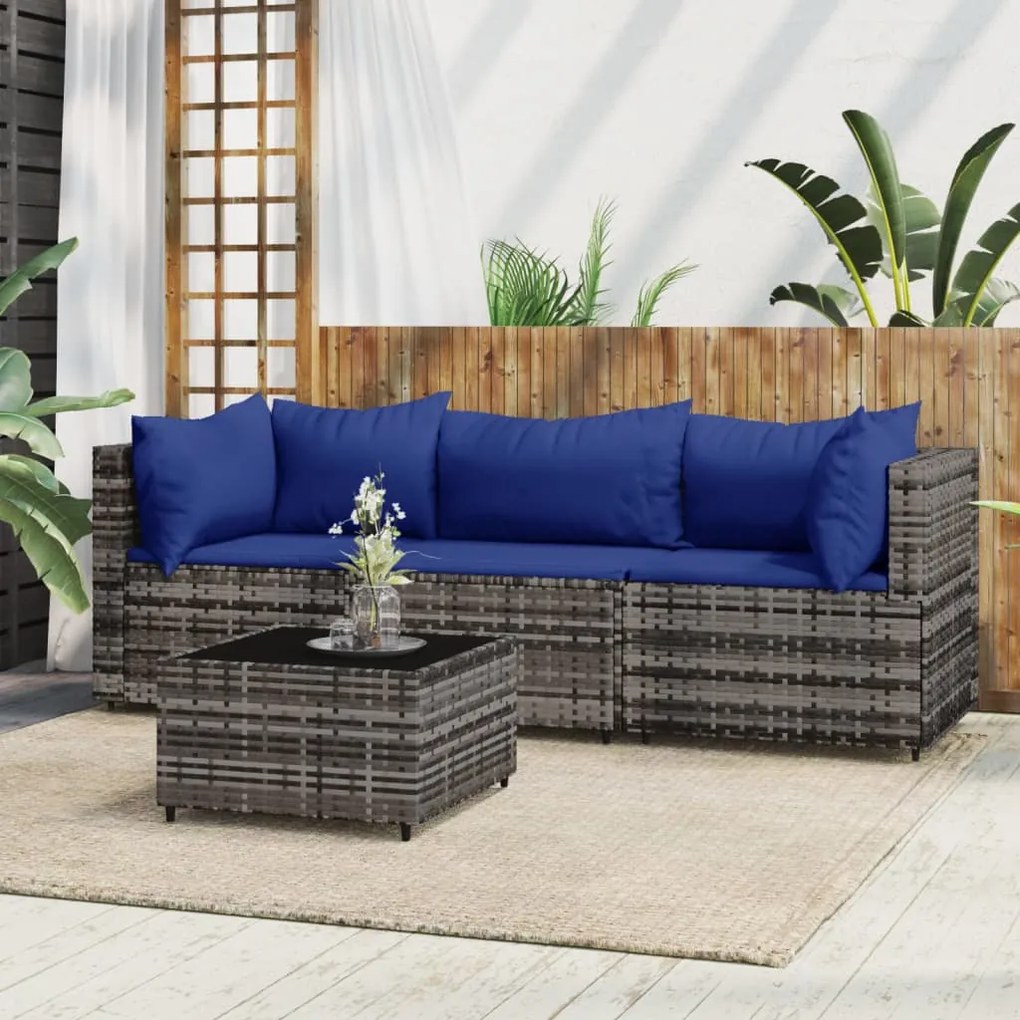 Set divani da giardino 4 pz con cuscini in polyrattan grigio