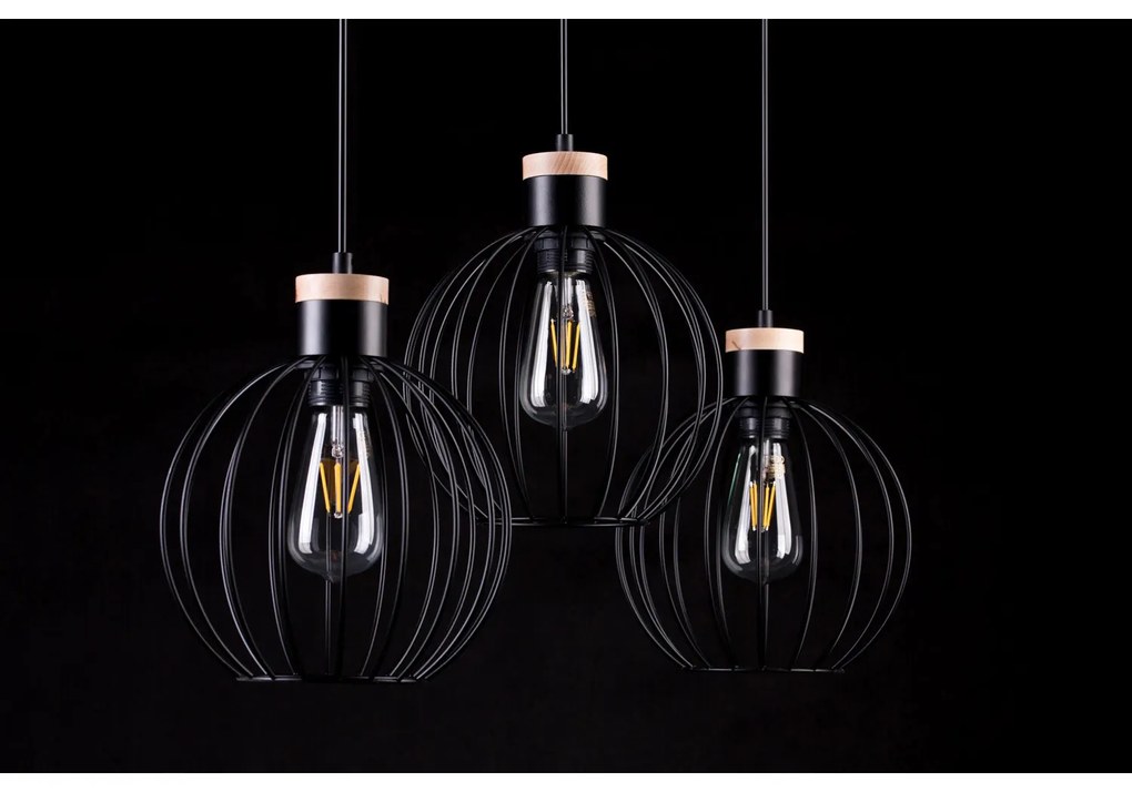 Lampadario 3 Luci Morgana Paralumi A Gabbia In Acciaio Nero E Legno Naturale