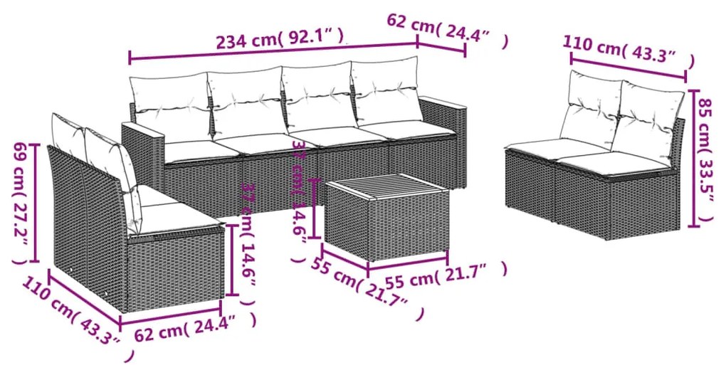 Set Divani da Giardino 9 pz con Cuscini Nero in Polyrattan