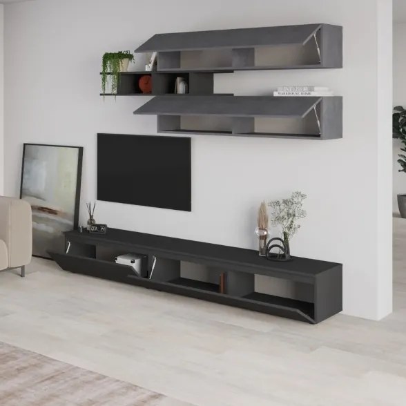 Parete Attrezzata 206 Cm Base TV E Pensili Antracite E Cemento Venus