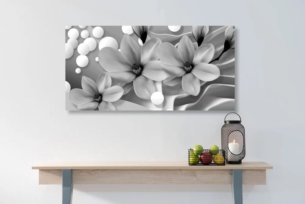 Quadro su tela – Magnolia in bianco e nero su sfondo astratto