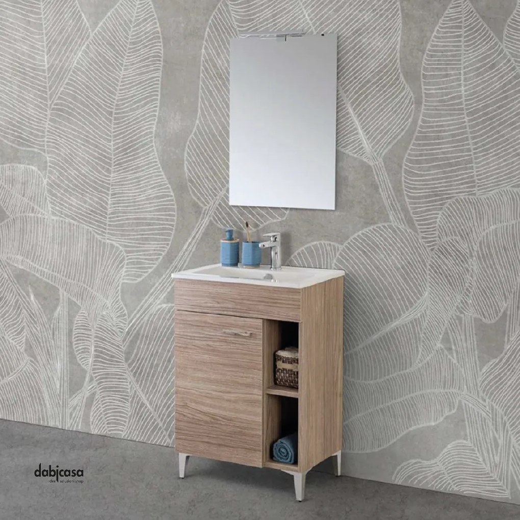 Mobile Bagno Da Terra "Greta" Da 60 Cm Con Un Anta e Ripiano A Giorno Lavabo Specchio E Lampada Led Finitura Rovere Tropea