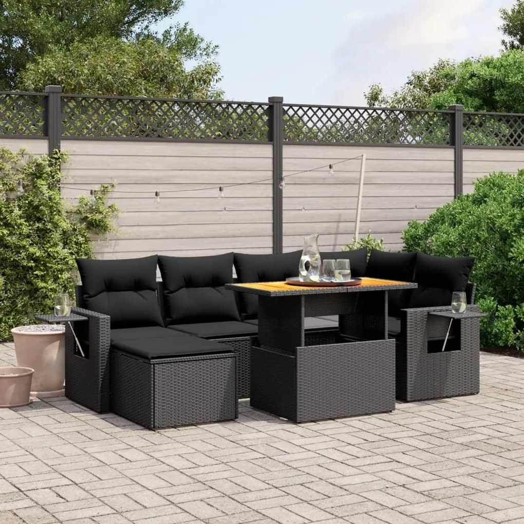 Set divani da giardino con cuscini 7pz nero polyrattan