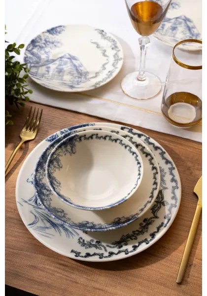 Set da tavola 24 pezzi, bianco/blu, in porcellana