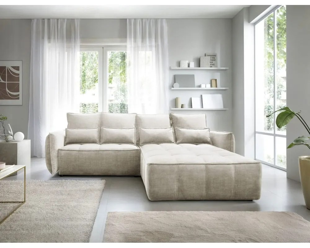 Divano angolare beige allungabile/con contenitore (con penisola a destra/con chaise lounge) e rivestimento in velluto Campo – ELTAP