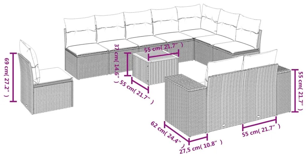 Set Divani da Giardino 11 pz con Cuscini in Polyrattan Nero