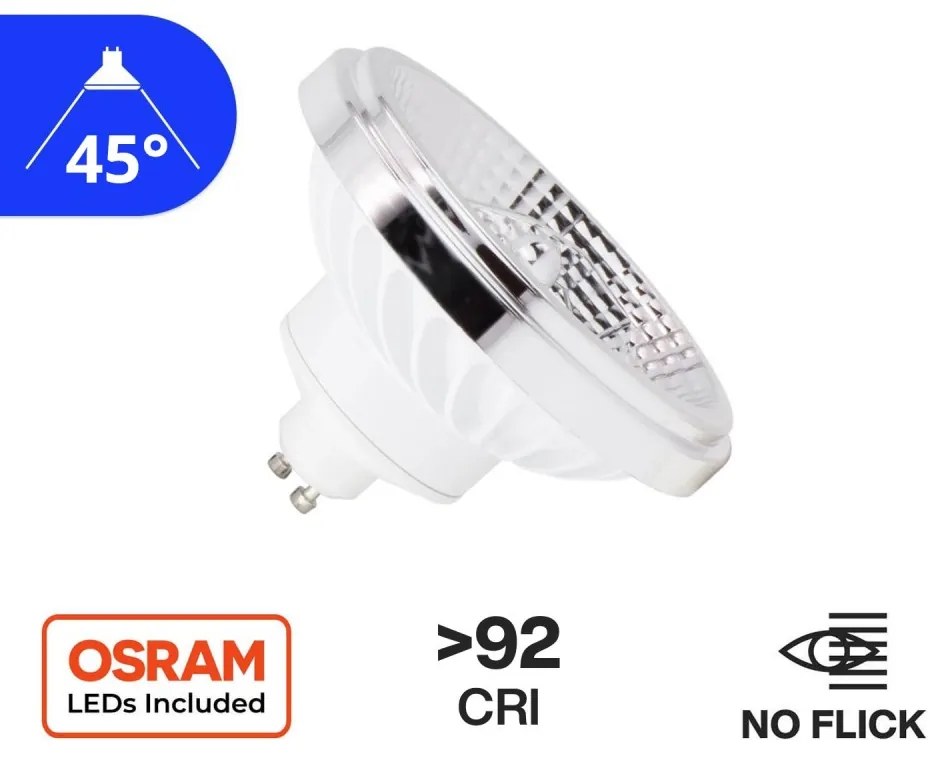 Lampada LED AR111 15W, angolo 45°, CRI92, No-Flickering Colore Bianco Caldo 3.000K