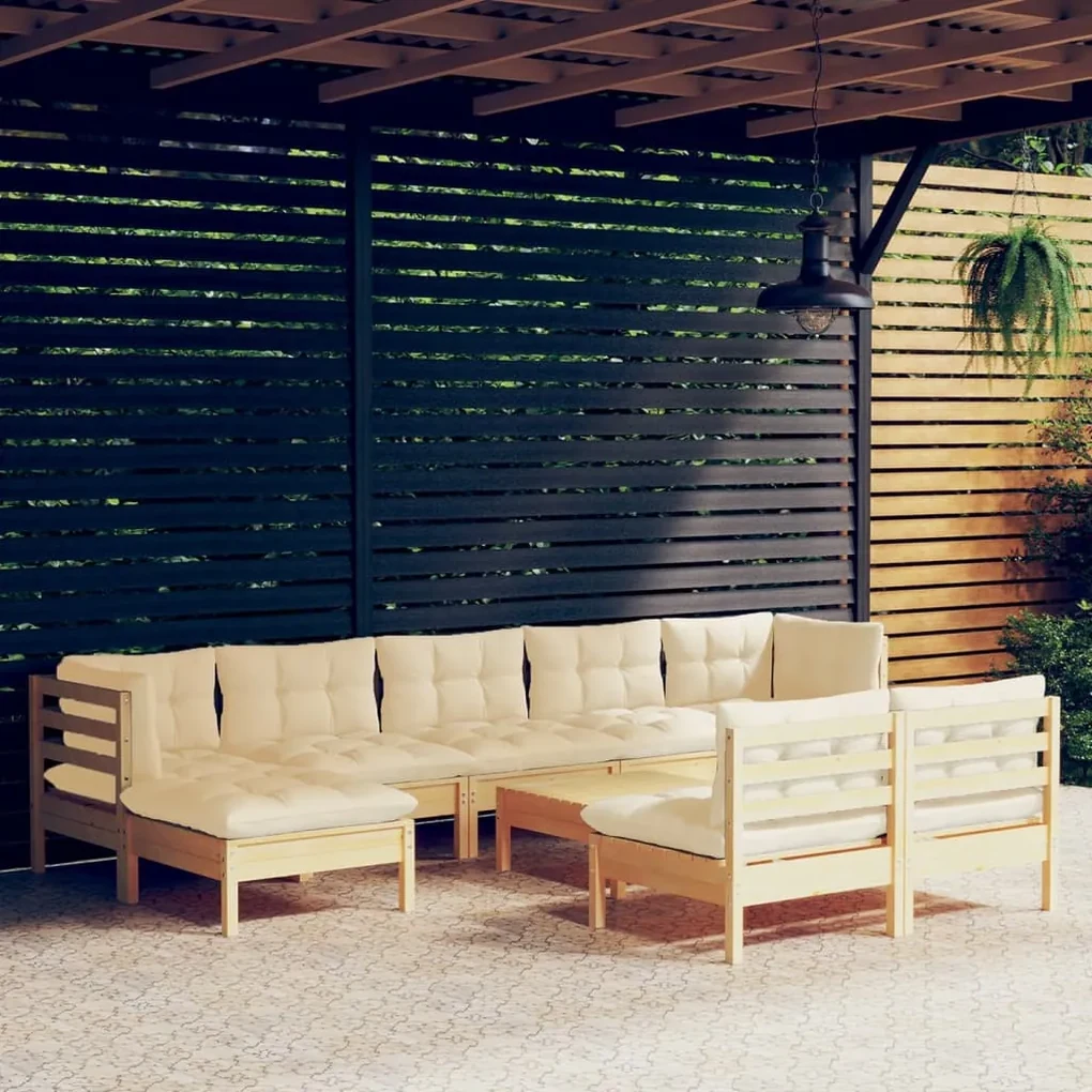 Set divani da giardino 10 pz con cuscini crema massello di pino