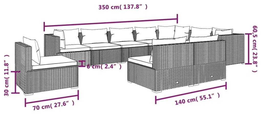 Set Divani da Giardino 10 pz con Cuscini in Polyrattan Grigio