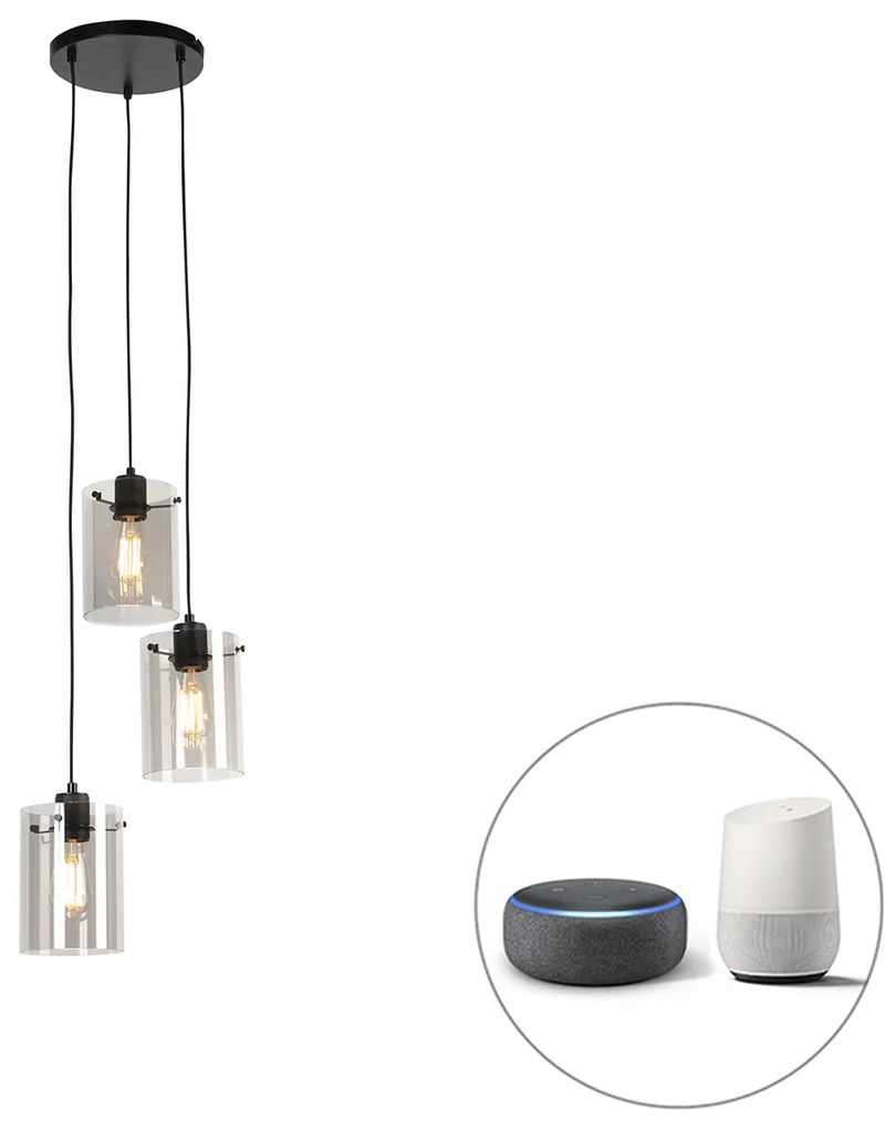 Lampada a sospensione intelligente nera con vetro fumé incl. 3 ST64 Wifi - Dome