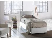 Letto singolo Roberta, Letto contenitore con rivestimento in tessuto, Made in Italy, Apertura laterale, con materasso cm 80x190 incluso, Bianco