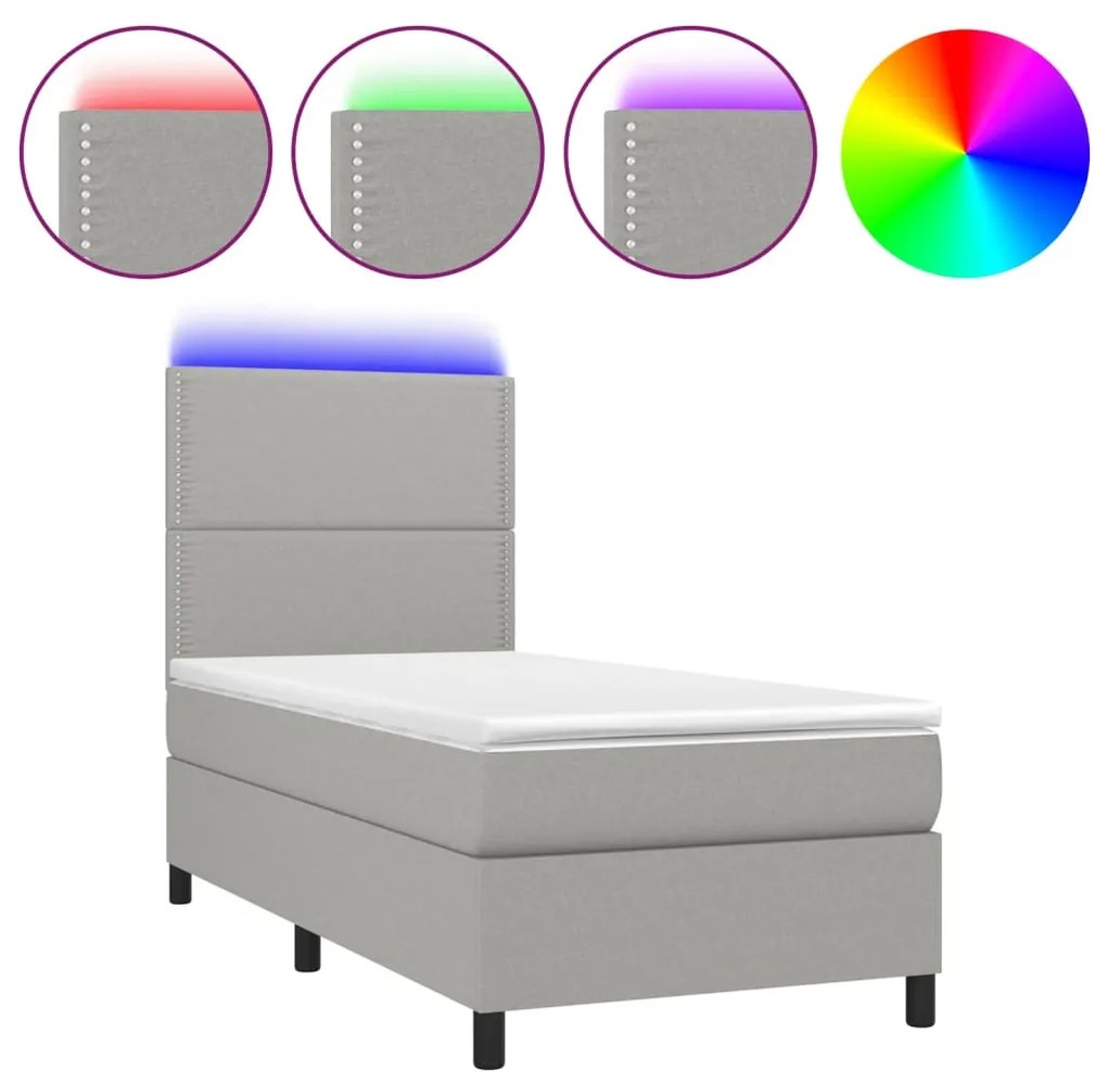 Letto a Molle Materasso e LED Grigio Chiaro 90x190 cm Tessuto