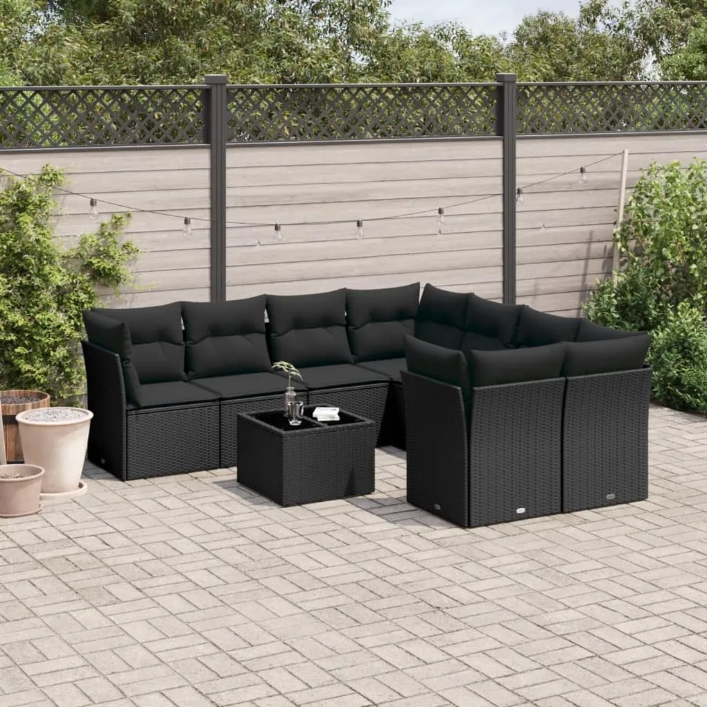 Set Divani da Giardino 9 pz con Cuscini Nero in Polyrattan