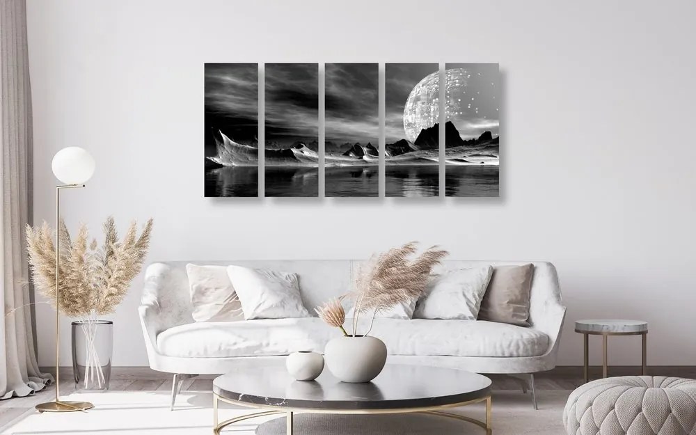 Quadri 5 pezzi – Pianeta futuristico in bianco e nero
