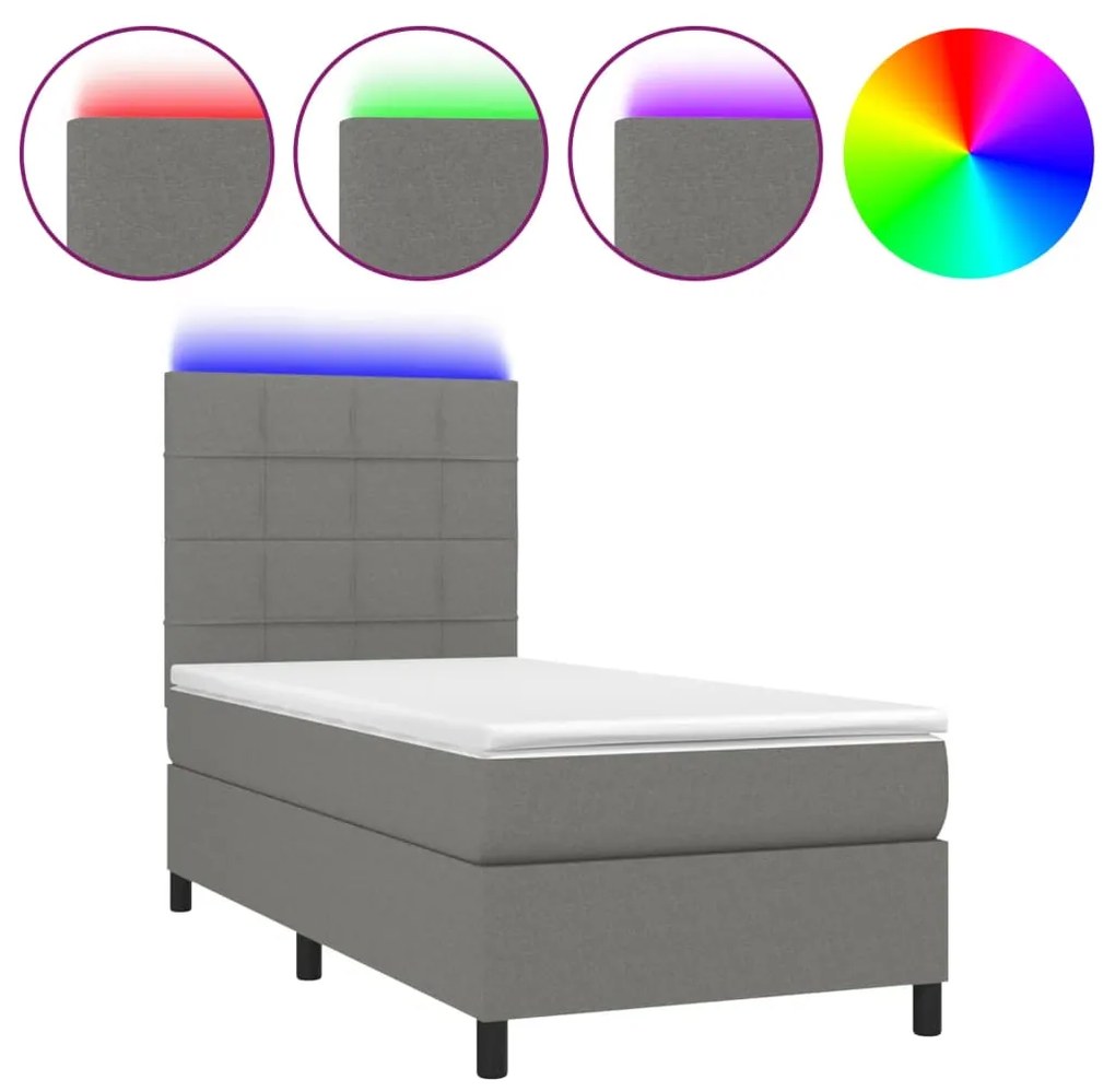 Letto a molle materasso e led grigio scuro 100x200cm in tessuto