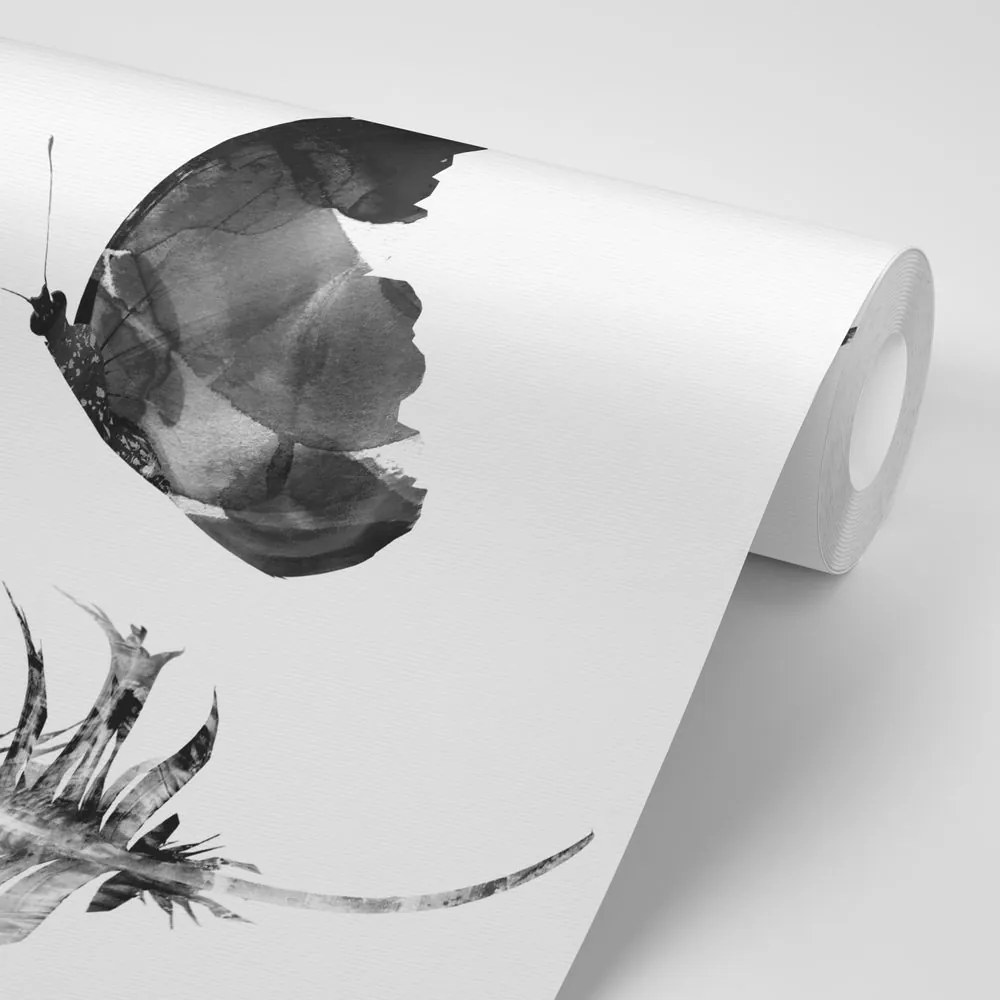 Carta da parati – Piuma con farfalla in bianco e nero