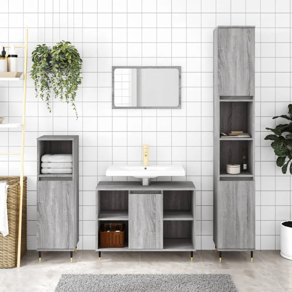 Set Mobili Da Bagno 3 Pz Grigio Sonoma İn Legno Multistrato /