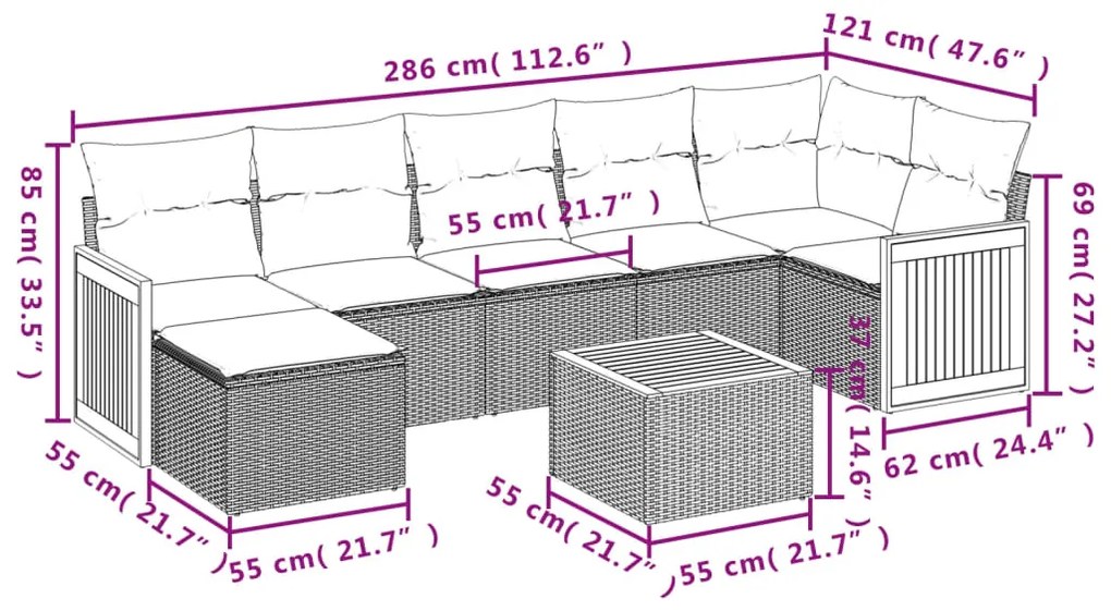 Set divani da giardino con cuscini 8 pz nero in polyrattan