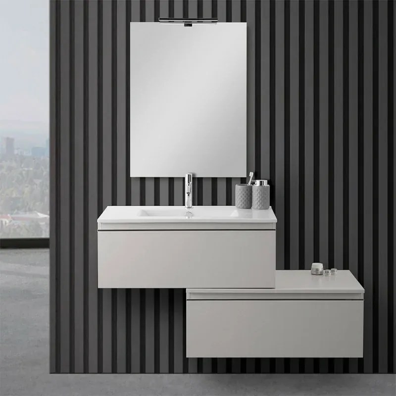 Mobile sospeso 80 cm grigio perla doppia base lavabo e specchio Iside