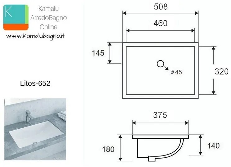 Kamalu - lavabo da incasso sottopiano rettangolare ceramica litos-652