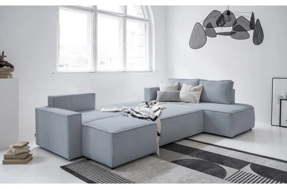 Divano letto angolare in velluto a coste grigio chiaro Brave Dave - Miuform