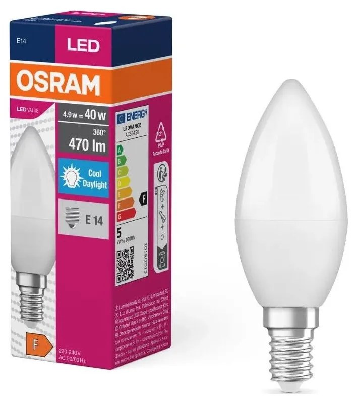 Lampadina LED VALUE B40 E14/4,9W/230V 6500K - Osram