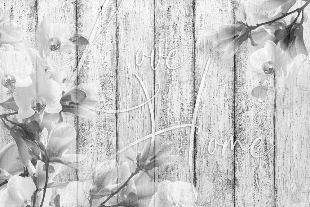 Carta da parati autoadesiva – Natura morta in bianco e nero con scritta - Love begins at home